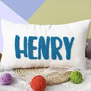 Personalized Embroidered Name Lumbar Pillow，Custom Monogram Throw Accent Handmade Pillows Cover，Customizable 12x20 Decorative Couch Bed Room Pillow Case Gifts for Kids Boy Girls