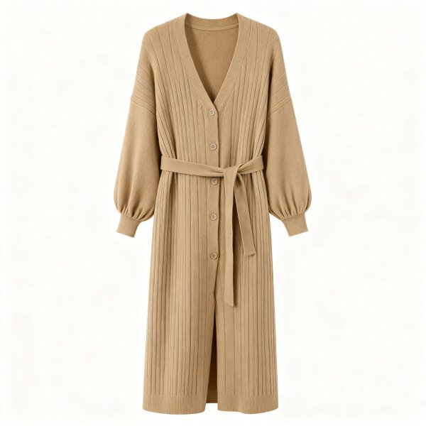Women's Camel Belted Longline Cardigan, Ribbed V-Neck Knitted Duster Coat