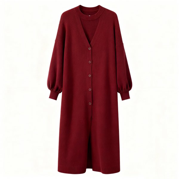 Women's Burgundy Longline Cardigan, Oversized V-Neck Knitted Duster Coat