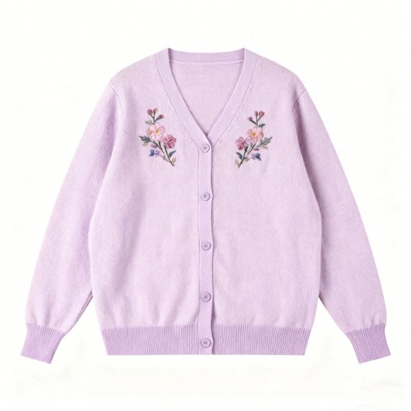 Women's Light Purple Floral Embroidered Cardigan, V-Neck Button-Down Knitted Sweater