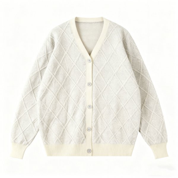Men's Beige Diamond Pattern Cardigan, Textured V-Neck Knitted Jacket