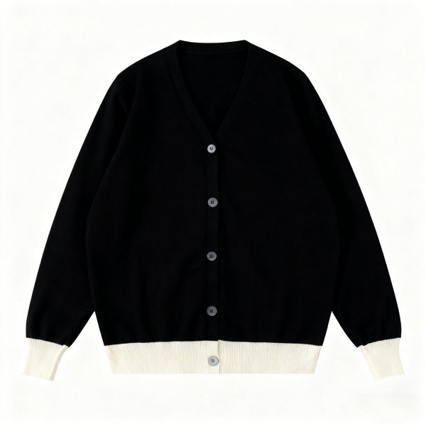 Men's Black and Beige Contrast Hem Cardigan, V-Neck Knitted Sweater