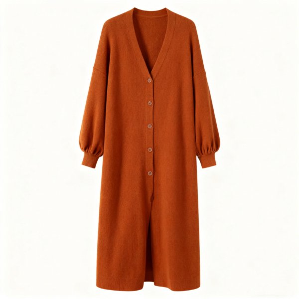 Women's Brown Longline Cardigan, Oversized V-Neck Knitted Duster Coat