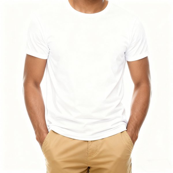 Men's White Crew Neck T-Shirt, Short Sleeve Casual Basic Tee with Khaki Pants