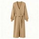 Women's Camel Belted Longline Cardigan, Ribbed V-Neck Knitted Duster Coat