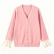 Women's Pink Ruffle Cuff Cardigan, V-Neck Button-Down Knitted Sweater