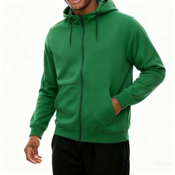 Men's Green Zip-Up Hoodie, Long Sleeve Casual Sweatshirt with Pockets