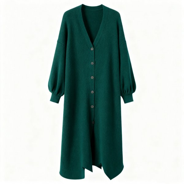 Women's Emerald Green Asymmetric Hem Longline Cardigan, V-Neck Knitted Duster Coat