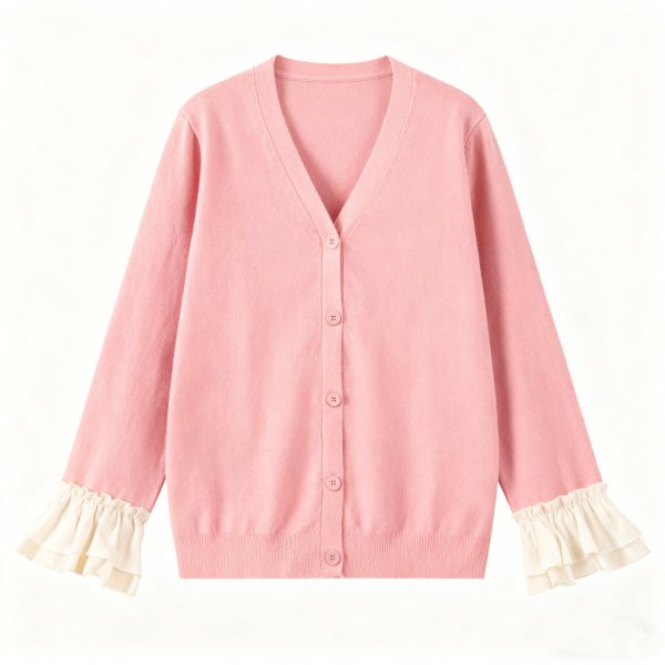Women's Pink Ruffle Cuff Cardigan, V-Neck Button-Down Knitted Sweater