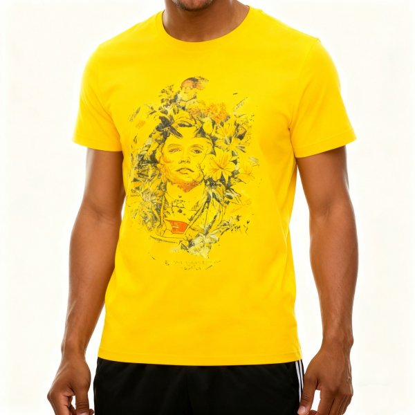 Men's Yellow Graphic Print T-Shirt, Short Sleeve Casual Streetwear Tee
