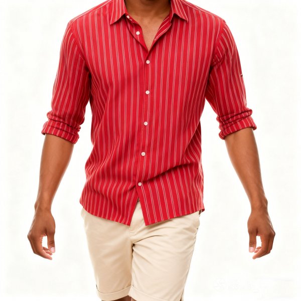 Men's Red Striped Long Sleeve Shirt, Casual Button-Down with Beige Shorts